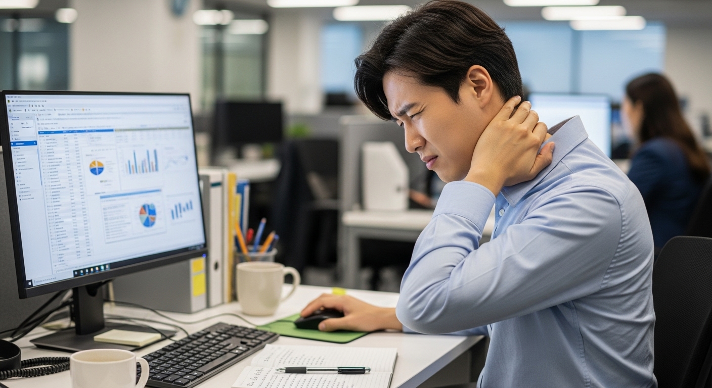 책상 앞에서 컴퓨터 화면을 보며 목을 부여잡고 고통스러워하는 직장인의 모습