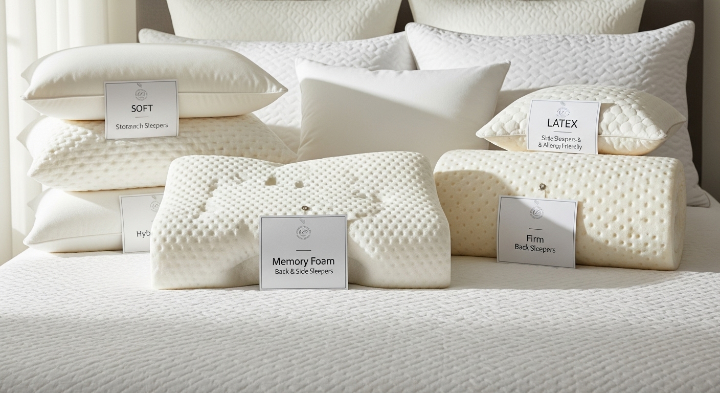 메모리폼과 라텍스 등 다양한 종류의 베개가 침대 위에 진열된 모습