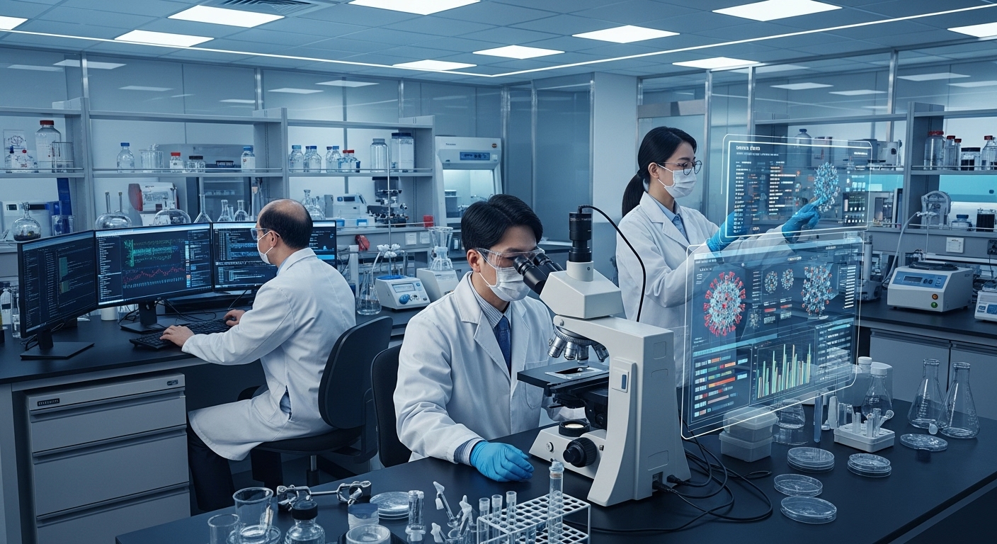 첨단 실험실에서 바이러스 샘플을 분석하는 한국 과학자의 모습