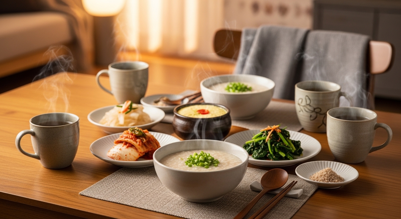 가정에서 가족이 미음과 허브차를 즐기는 편안한 다이닝 환경