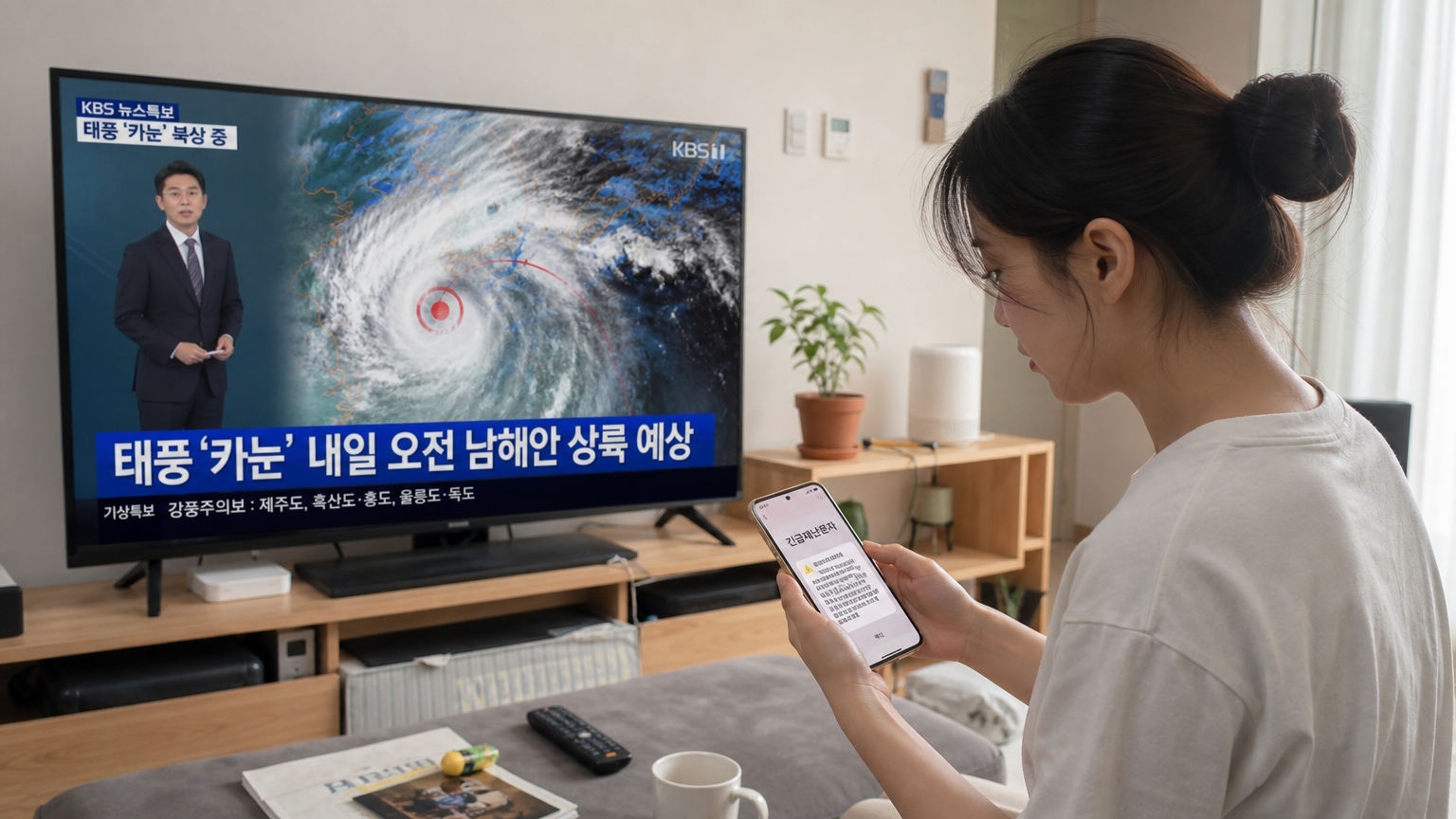 젊은 여성이 스마트폰으로 재난 경보를 확인하며 TV 뉴스를 보는 모습