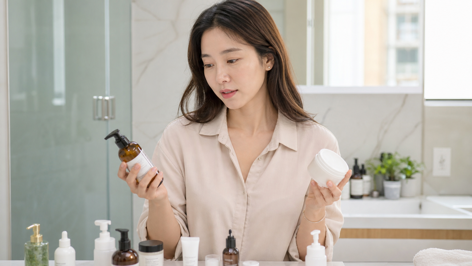 현대적인 여성이 욕실에서 마사지 오일과 크림을 고르는 모습