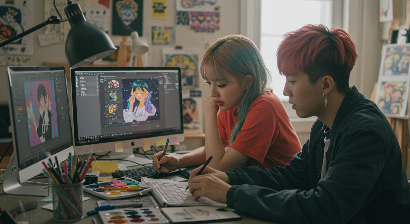 가정 스튜디오에서 온라인 플랫폼으로 디지털 아트를 만드는 젊은 창작자들