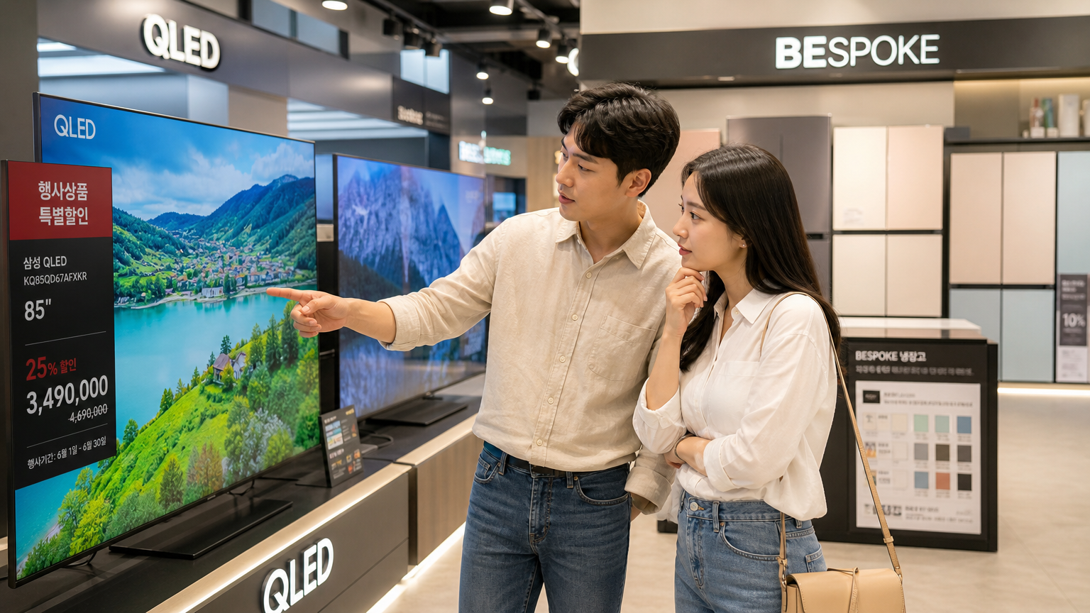 할인된 QLED TV와 비스포크 가전을 둘러보는 한국인 커플