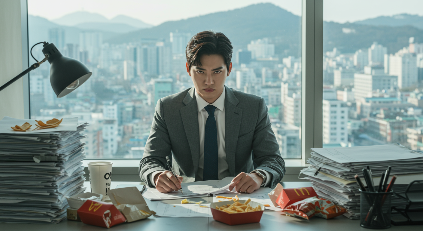 책상 앞에서 스트레스를 받으며 패스트푸드를 먹고 있는 직장인