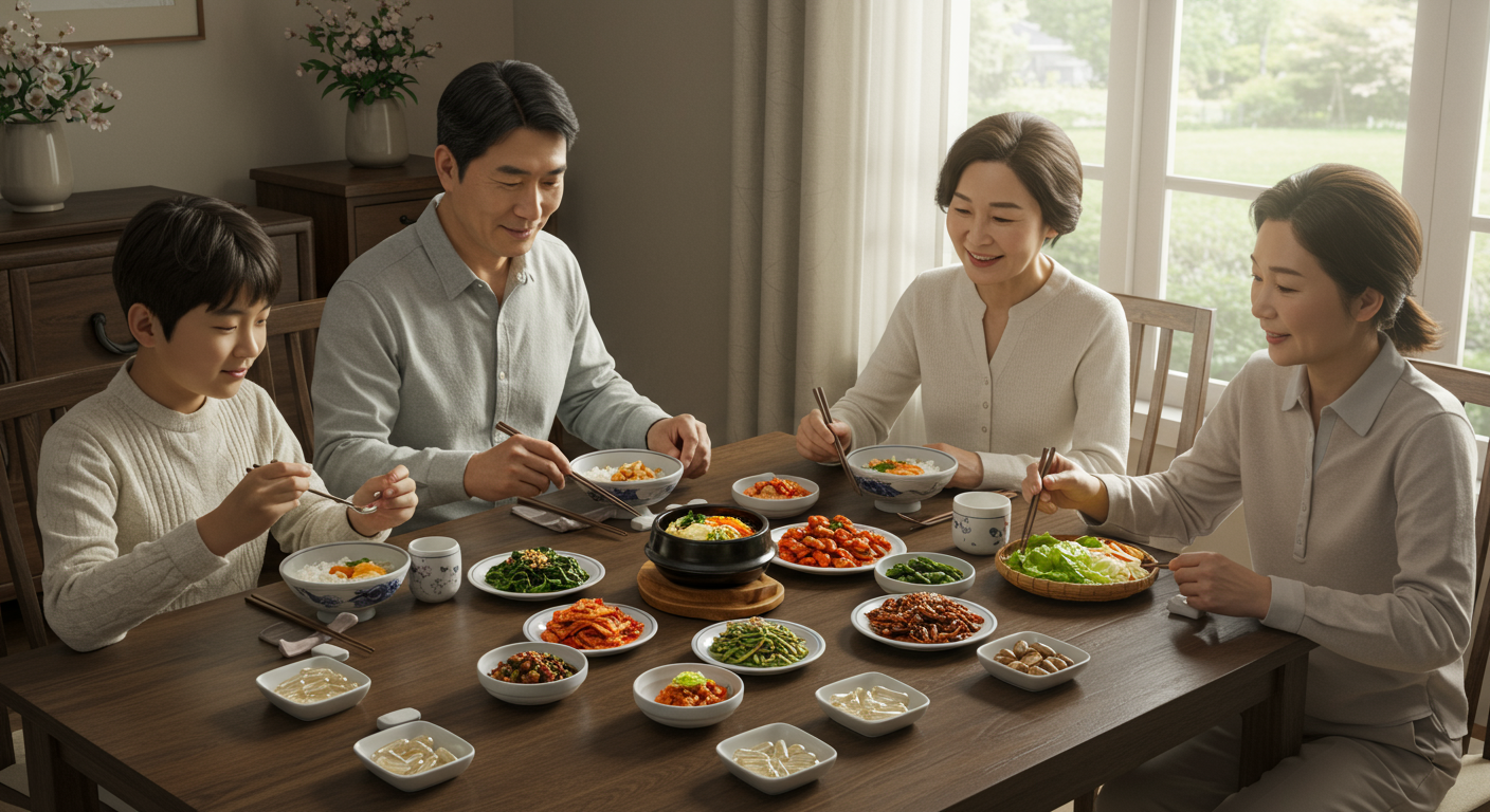 가족이 함께 식사를 준비하며 보충제를 섭취하는 모습