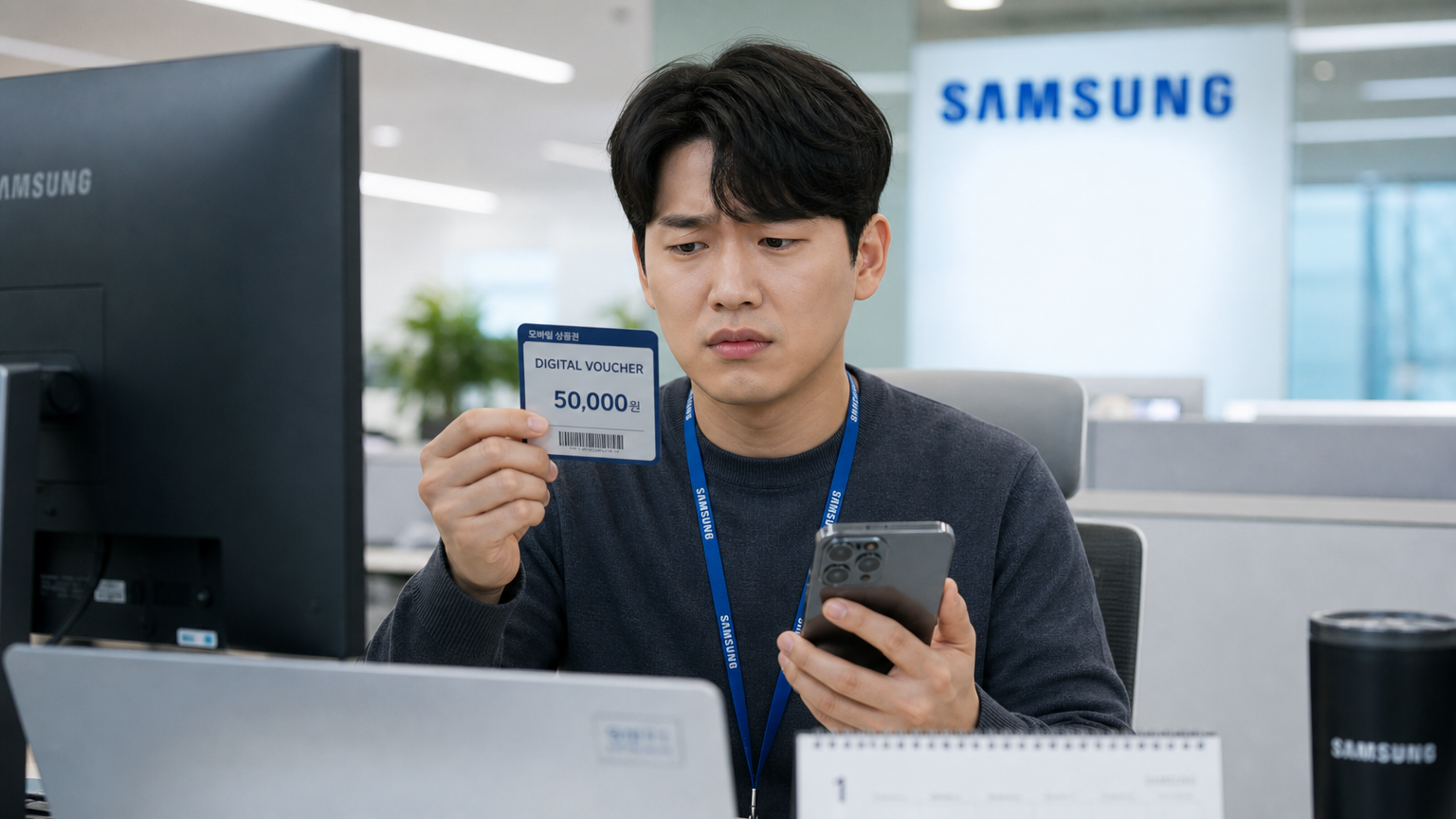 사무실 책상에서 디지털 상품권과 스마트폰을 들고 당황한 표정의 직장인