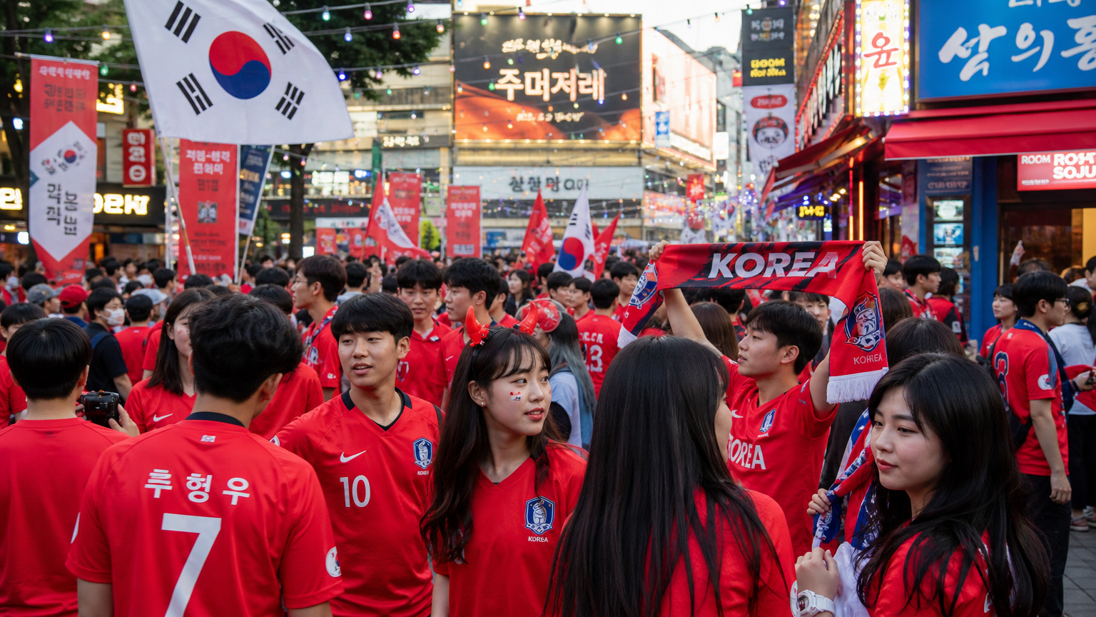 대한민국 축구대표팀 유니폼을 입은 팬들이 경기 준비에 나선 활기찬 거리 풍경