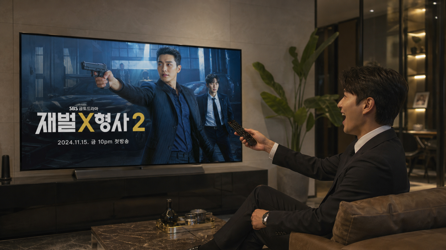 현대적인 거실에서 깔끔한 정장을 입고 TV 리모컨을 든 남성이 '재벌X형사2' 포스터가 나온 대형 화면을 바라보며 기대에 찬 모습