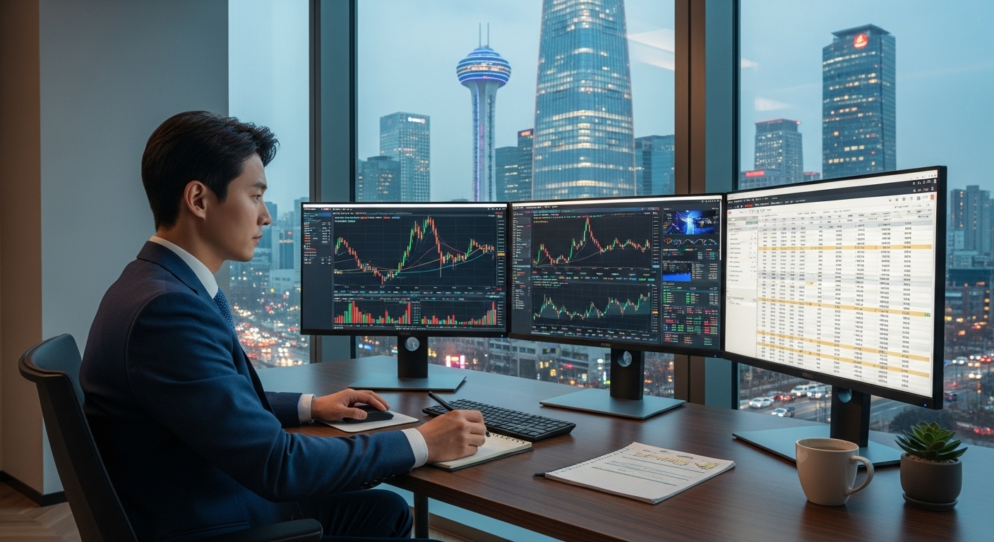 현대적인 사무실에서 모니터로 금 시장 동향을 분석하는 금융 분석가의 모습과 도시 전경