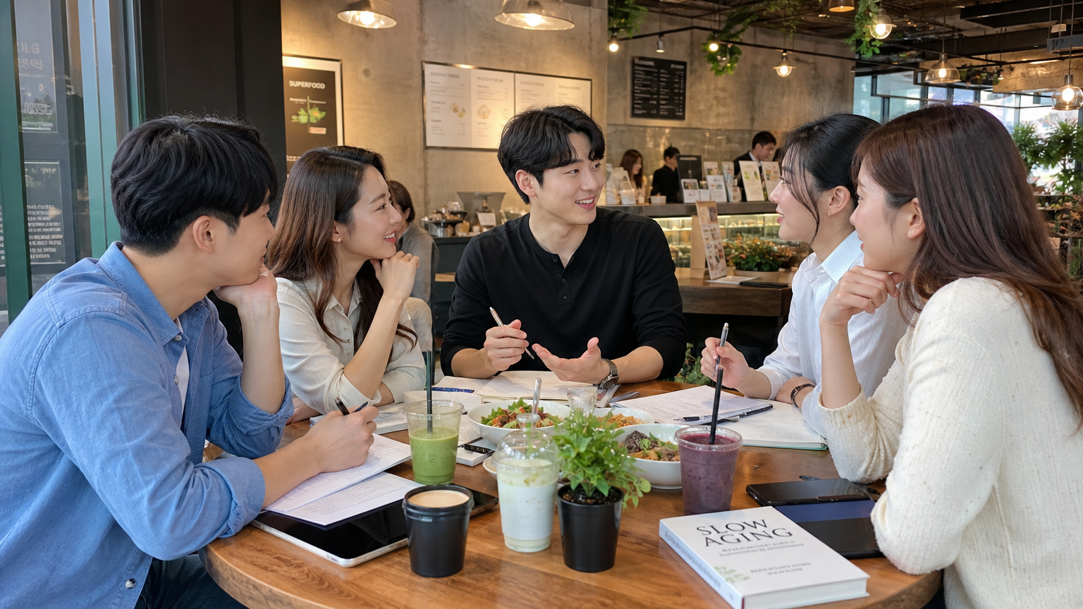 서울의 현대적인 카페에서 건강과 저속노화 식단에 대해 이야기하는 젊은 사람들