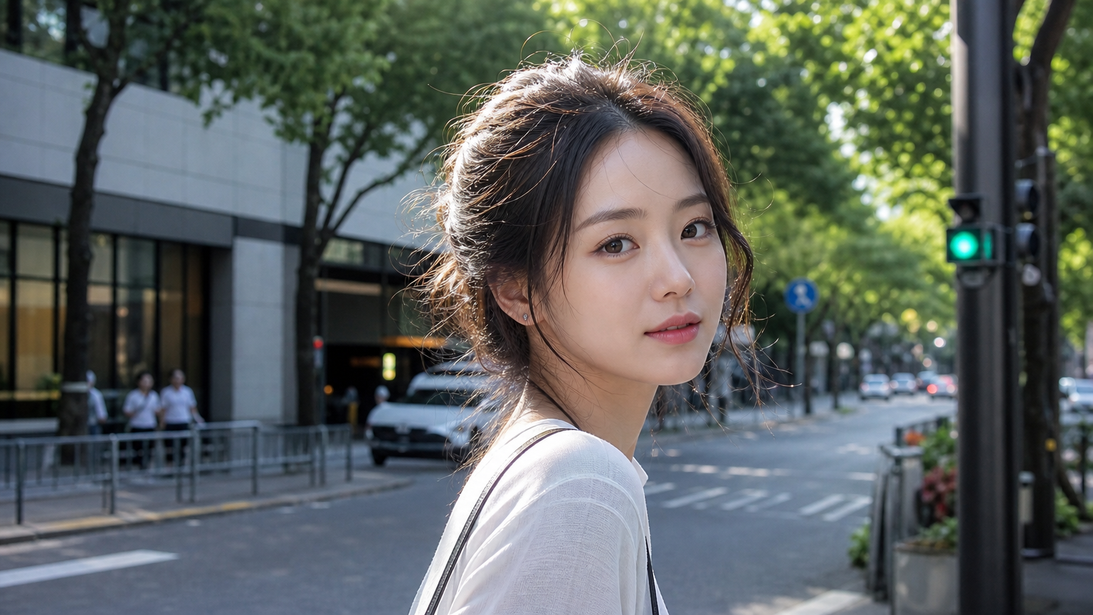 자연스러운 텍스처로 느슨하게 묶인 중단발 머리를 한 여성