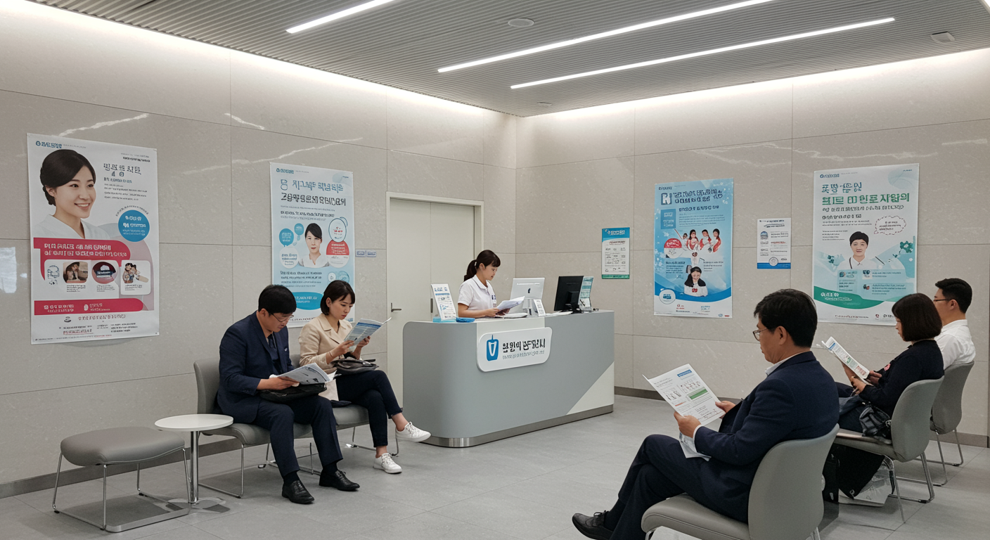 병원 로비에서 건강검진 관련 포스터와 브로셔를 보고 있는 사람들