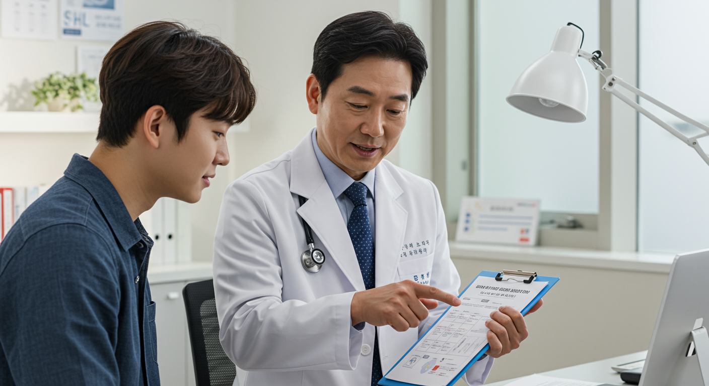 의사가 홀수년도 출생자 검진 우선에 대해 설명하는 모습