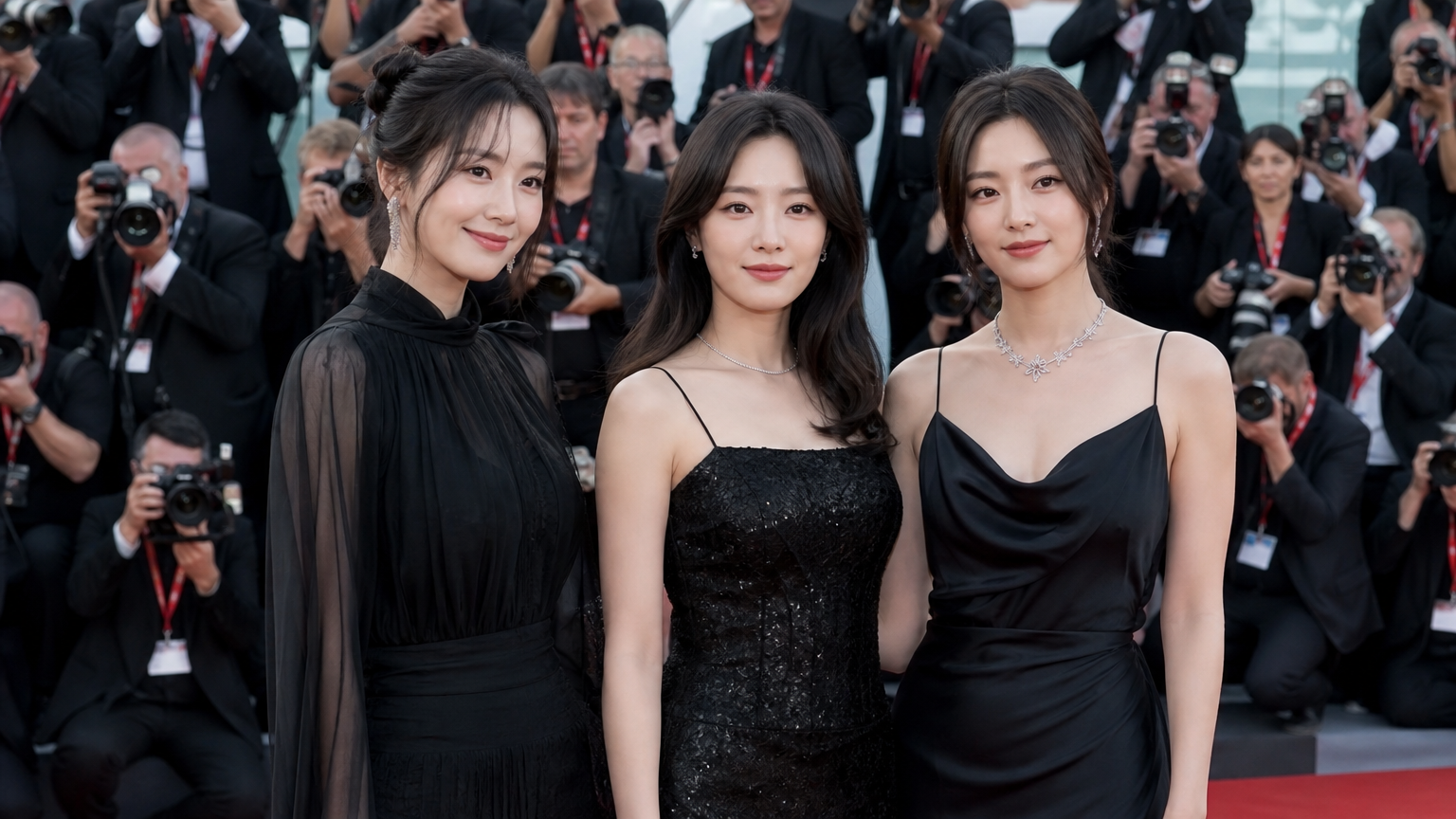 베니스 영화제 레드카펫에서 블랙 드레스를 입은 한국 여배우들이 사진가들에게 둘러싸인 모습