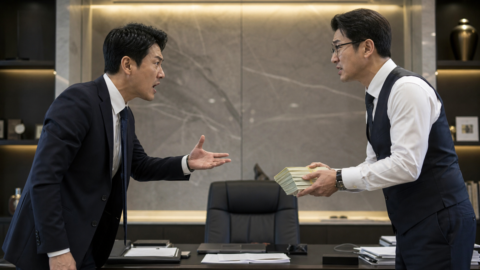 두 명의 한국 사업가가 현대적인 사무실 환경에서 돈 문제로 격렬히 논쟁하는 장면