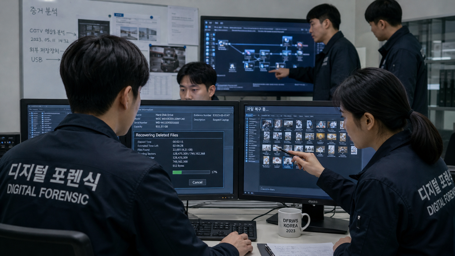 한국 디지털 포렌식 전문가들이 삭제된 영상 파일을 복구하기 위해 집중적으로 작업하는 모습