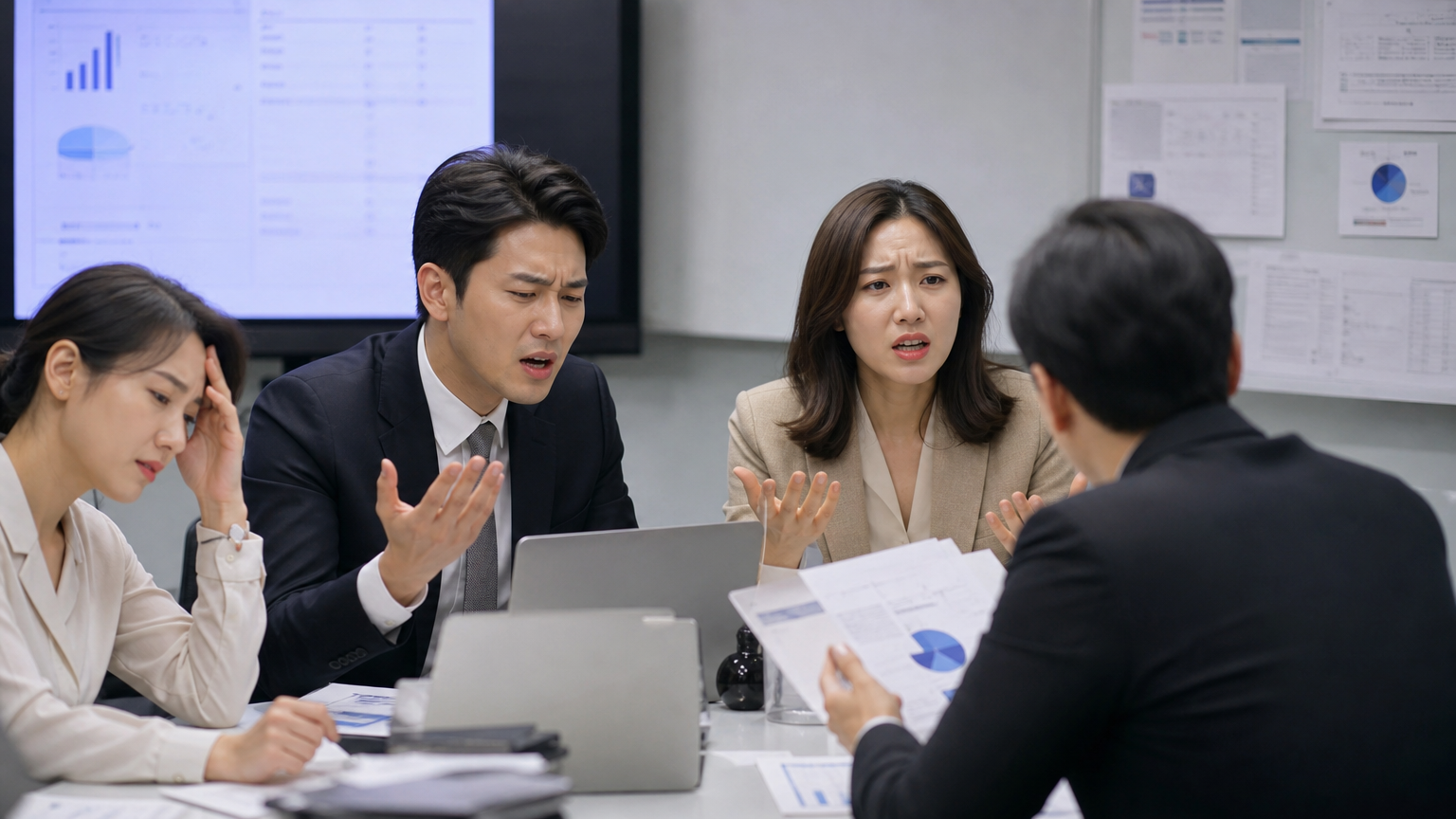 회의 중 긴장된 표정으로 불만을 표현하는 직장인들
