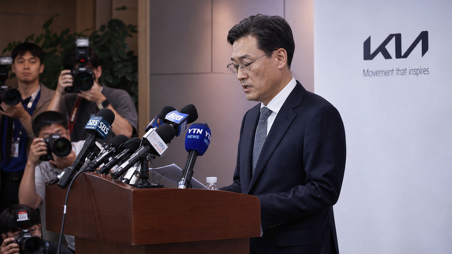 기자회견장에서 공식 성명을 발표하는 경영진의 모습