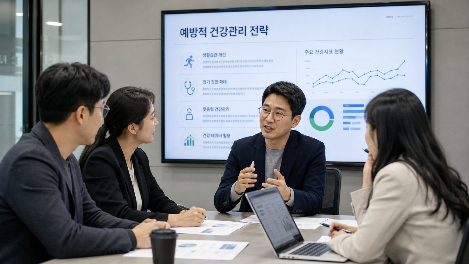 한국 성인들이 현대식 회의실에서 예방적 건강 관리 전략을 논의하는 장면