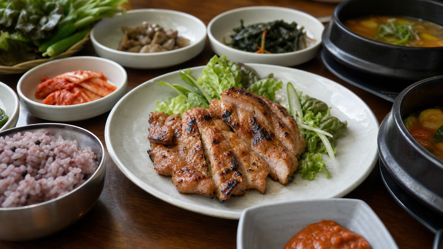 신선하고 다양한 채소와 구운 닭고기 같은 단백질로 구성된 한국식 식사가 차려진 식탁