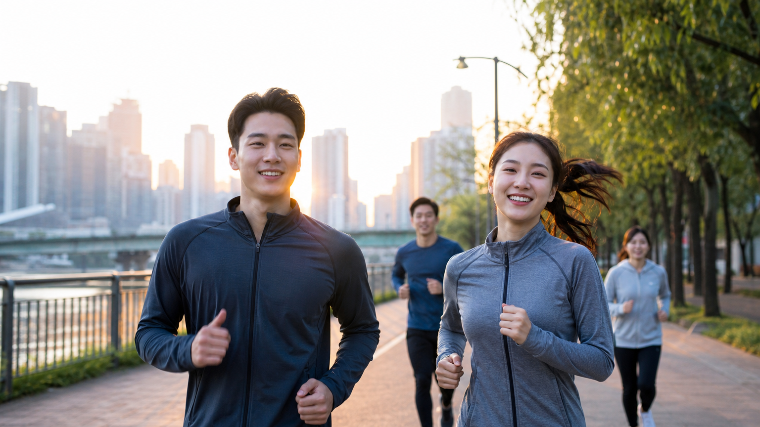 이른 아침 도심 공원에서 조깅하는 한국 성인들의 활기찬 모습