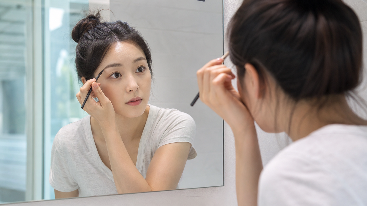 한 여성이 아침에 밝은 빛이 드는 거울 앞에서 집중하여 눈썹 메이크업을 하고 있는 장면