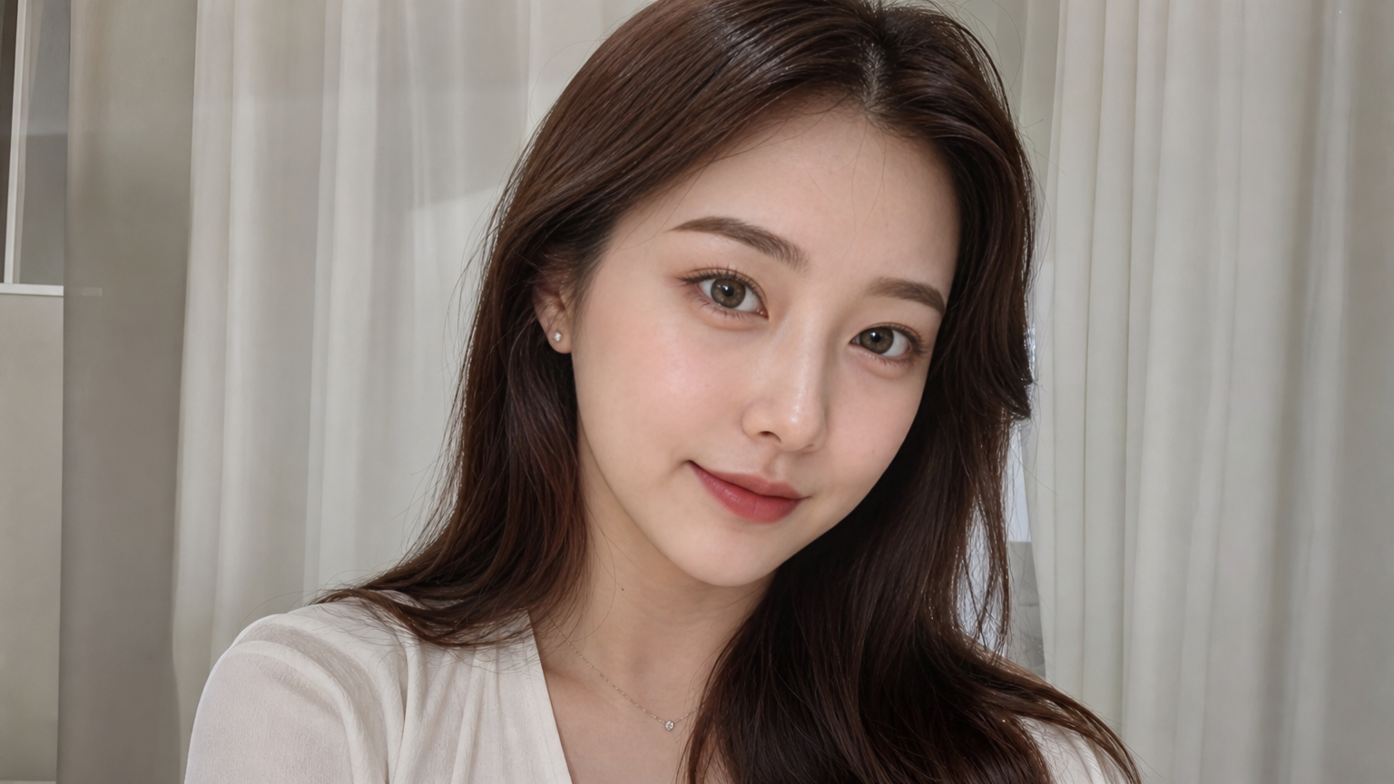 실내 조명 아래 그라데이션 효과가 돋보이는 콤보눈썹을 가진 젊은 여성의 세련된 현대적 룩