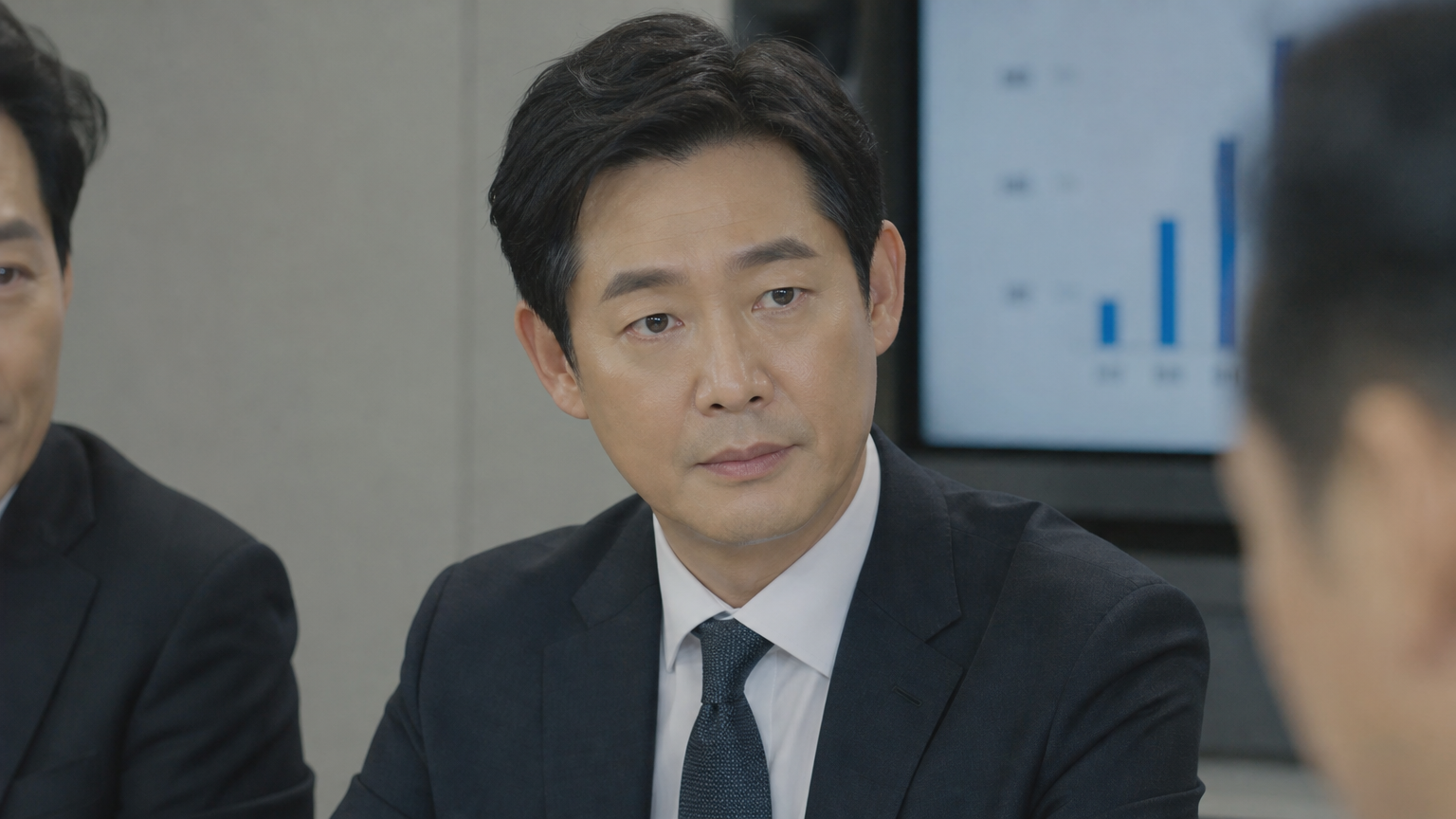 비즈니스 회의 중인 성숙한 남성이 그림자 기술로 구현된 자연스럽고 또렷한 눈썹 룩