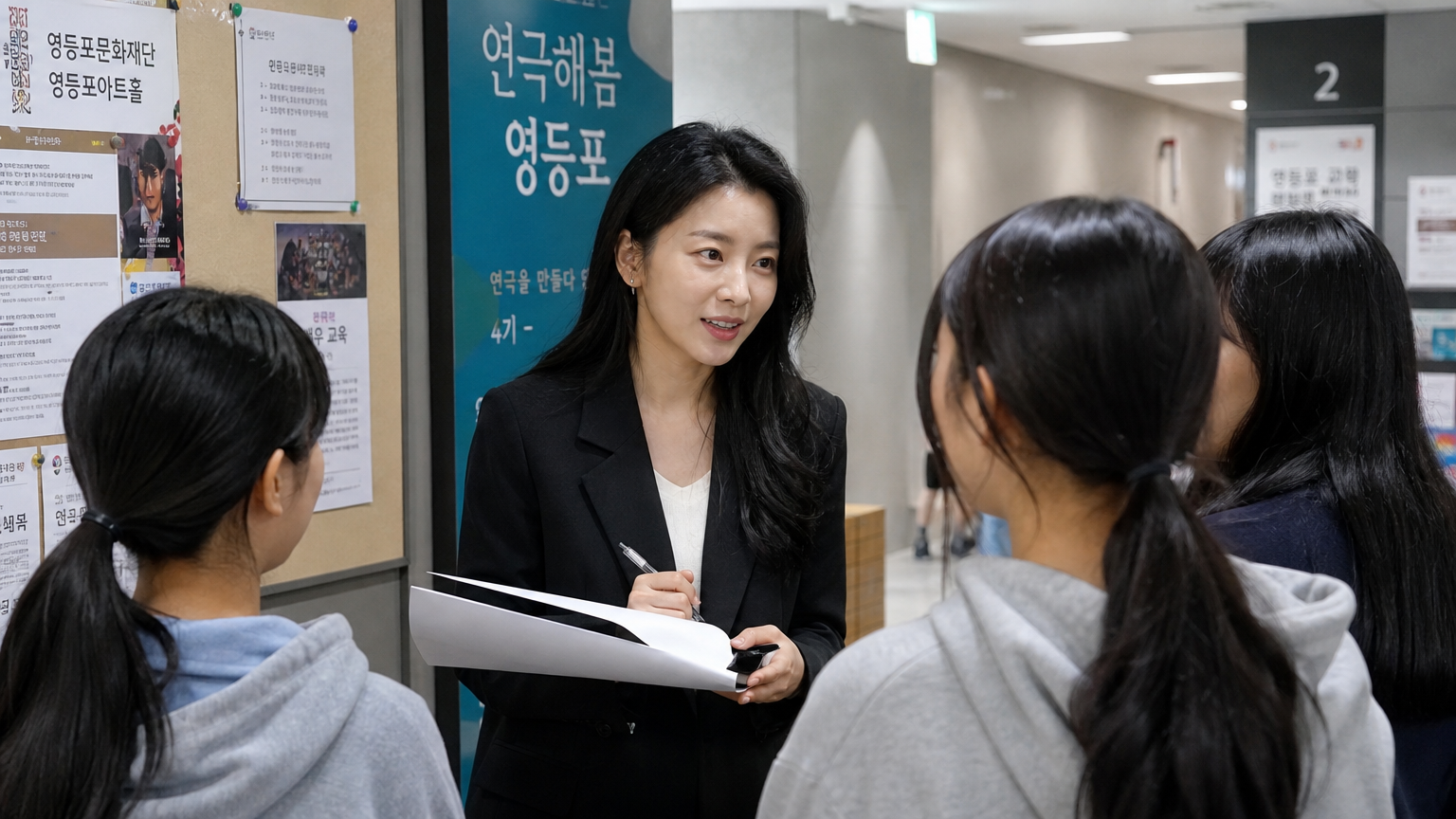 영등포 예술 센터에서 젊은 배우들과 함께 극장을 관리하는 여배우의 활발한 모습