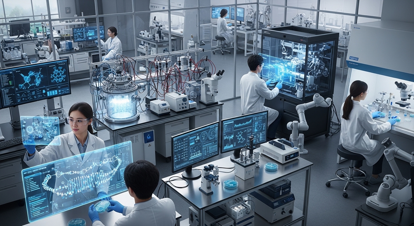 첨단 생명공학 실험실에서 한국 과학자들이 RNA 편집 장비와 함께 연구하는 모습