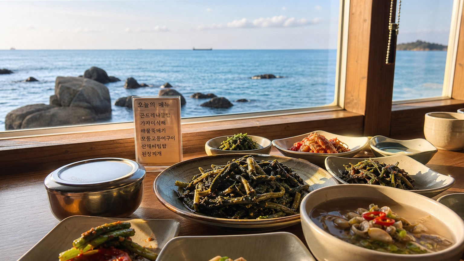 바닷바람이 느껴지는 해안가 식당과 전통 밑반찬들