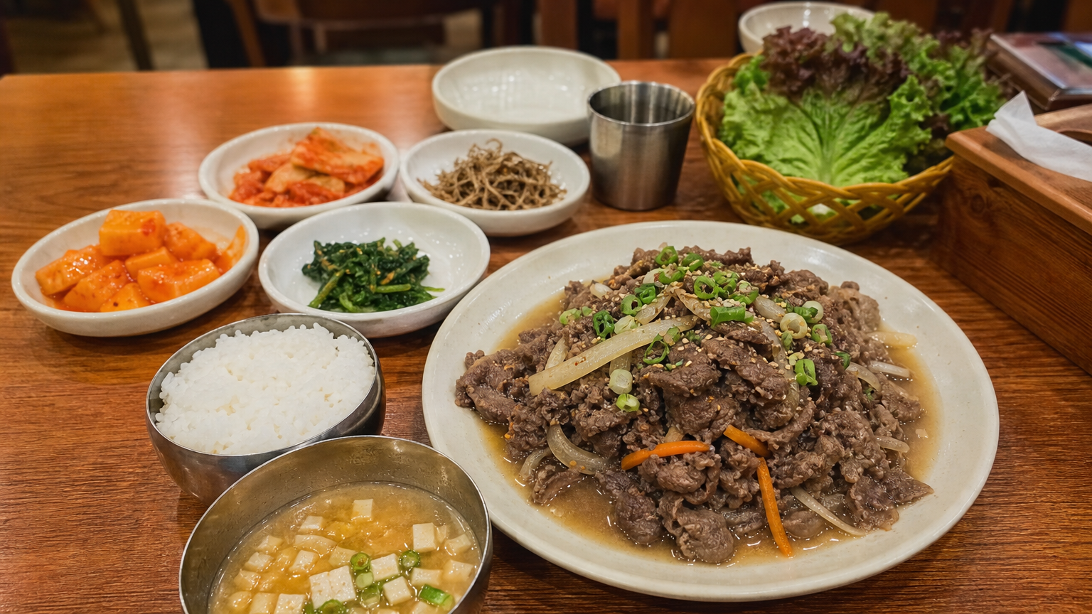 가족 경영 식당에서 깔끔하게 차려진 가정식 한 끼