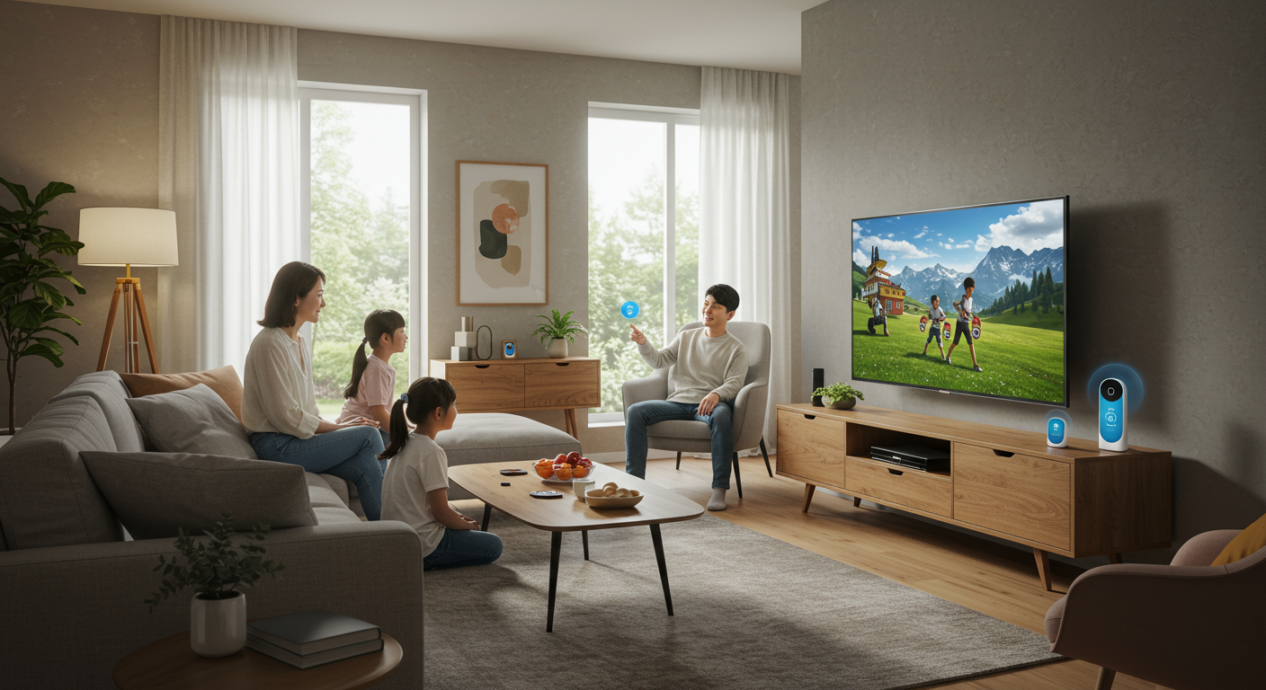현대적인 한국 가정에서 가족이 스마트 TV와 음성 인식 기기 등 AI 장치와 상호작용하는 모습, 미래지향적이면서도 따뜻한 분위기