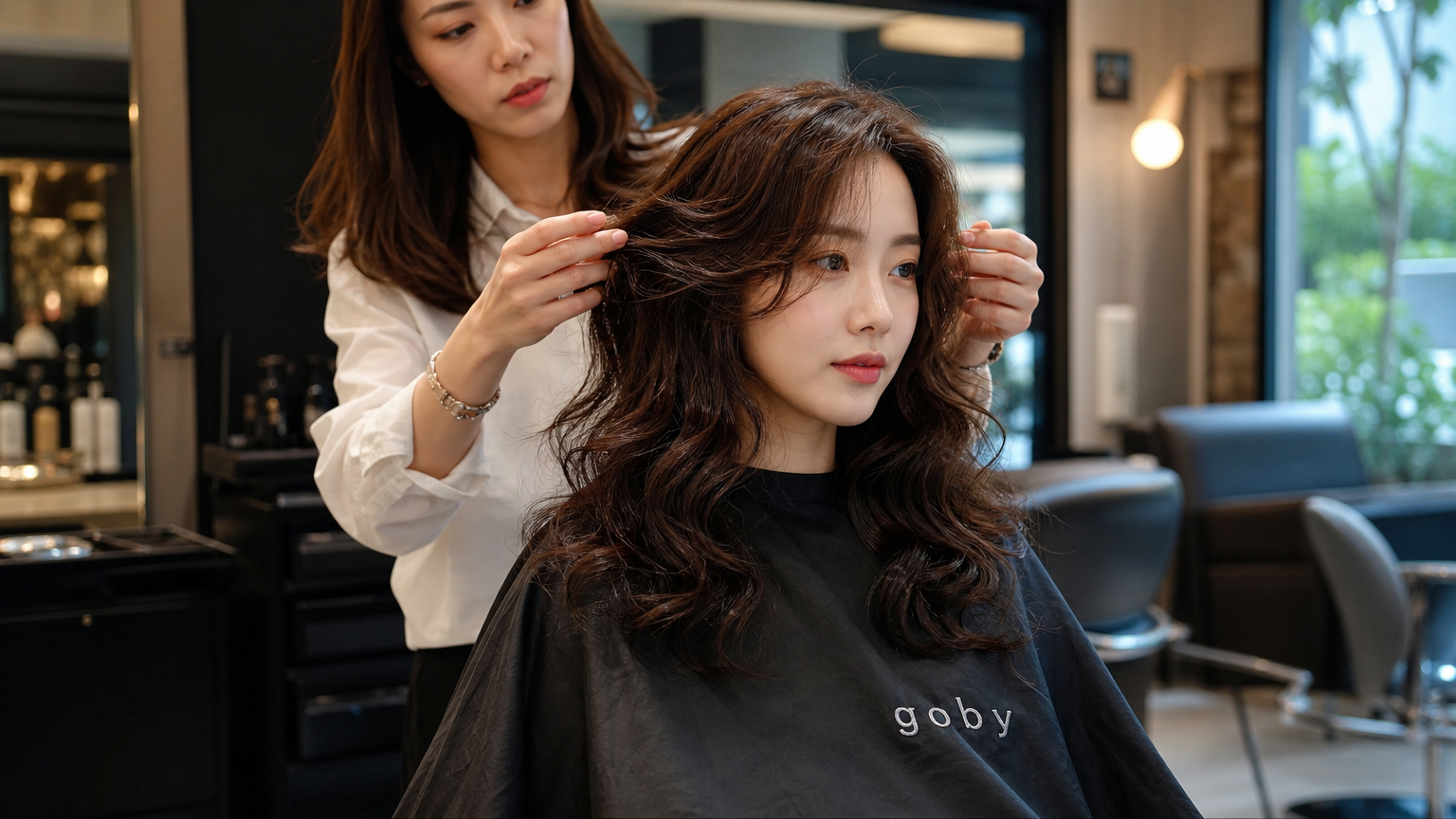 스타일리시한 미용실에서 탱글한 컬을 완성한 한국 여성과 디자이너