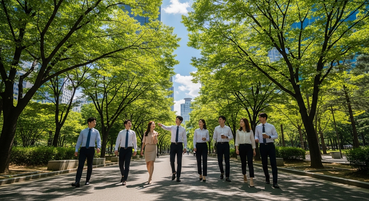 점심시간에 공원에서 산책하는 직장인들