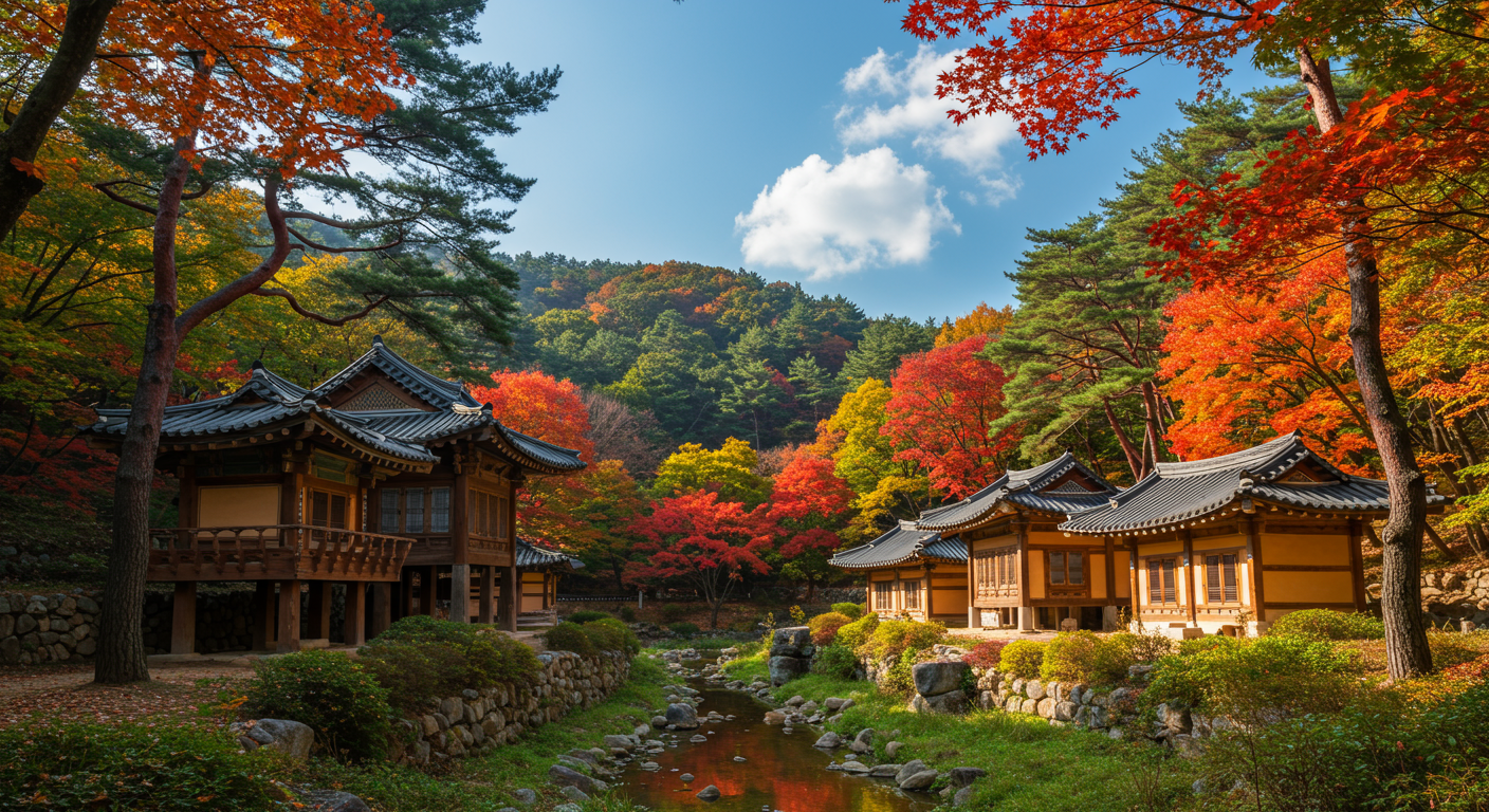 한국의 숲 속에 동남아시아 전통 가옥들이 어우러진 평화로운 풍경