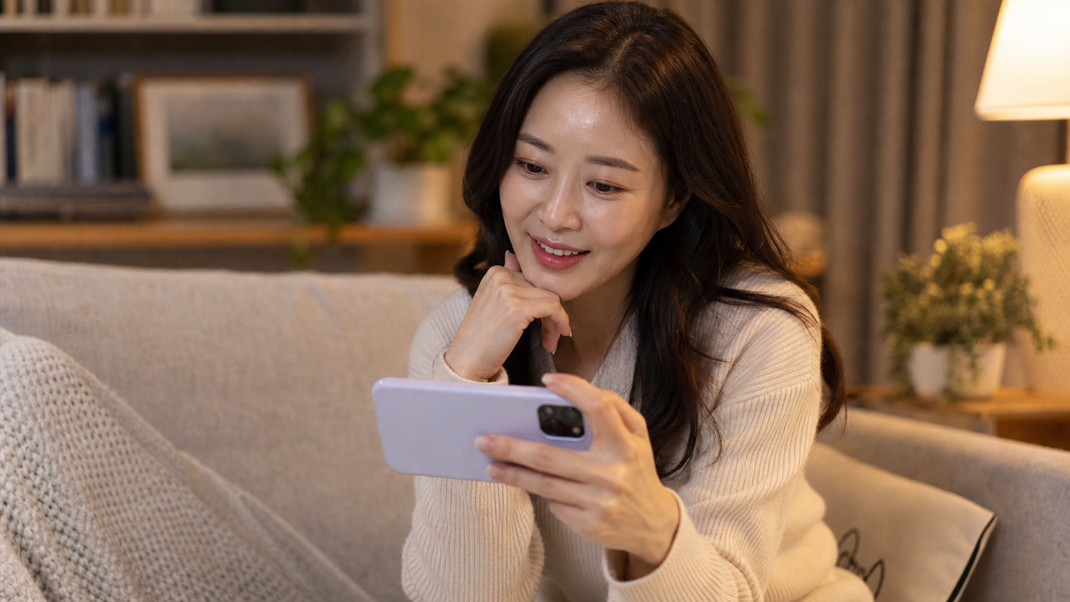 한 여성이 스마트폰으로 라이브 방송을 시청하는 모습
