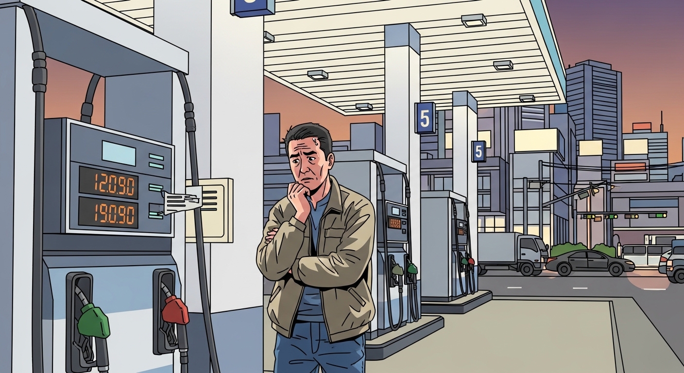 기름값 때문에 고민하는 트럭 운전사가 주유소에 서 있는 모습