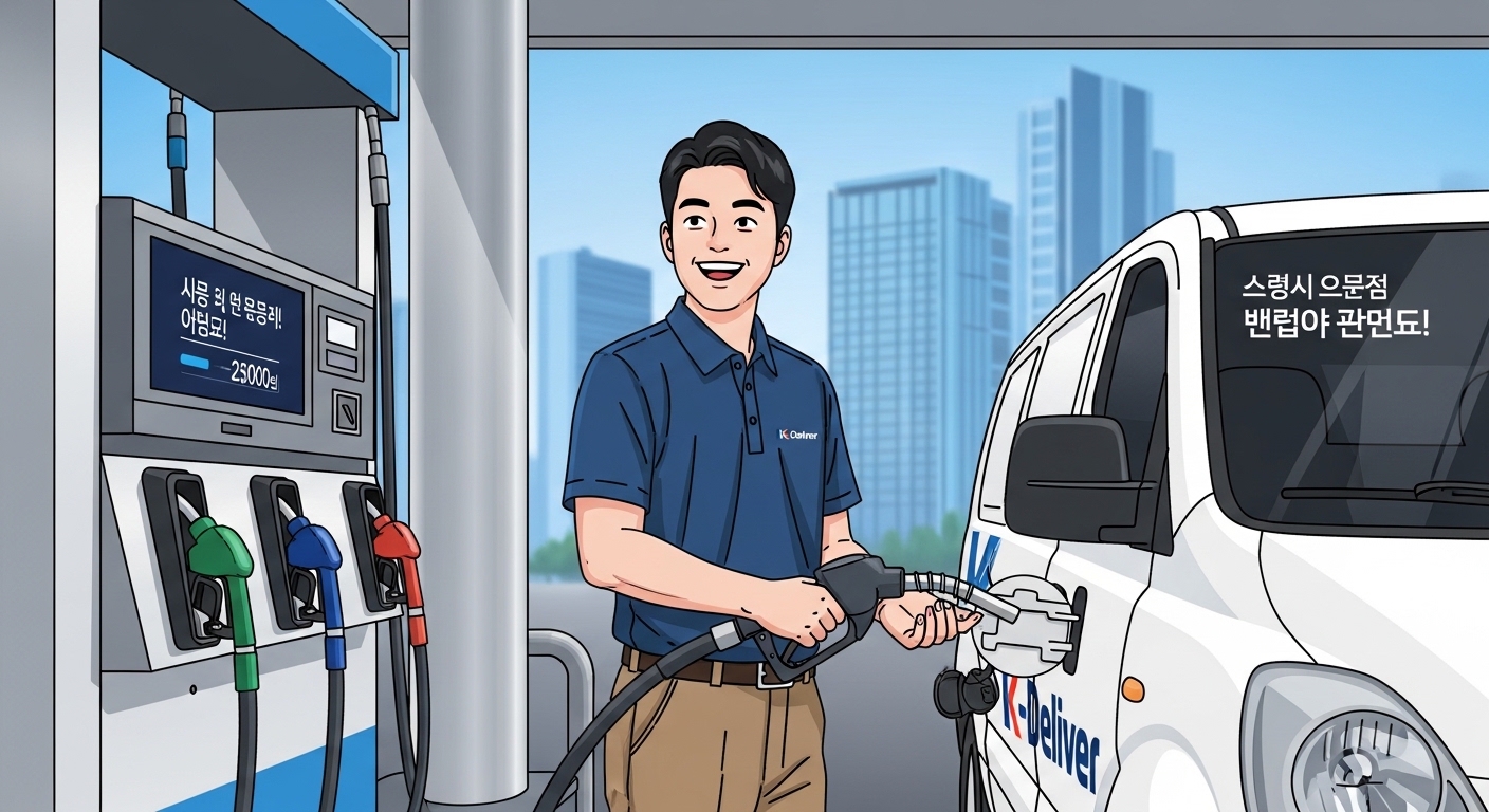 현대식 주유소에서 보조금을 받아 차량에 연료를 넣으며 기뻐하는 배달 운전사
