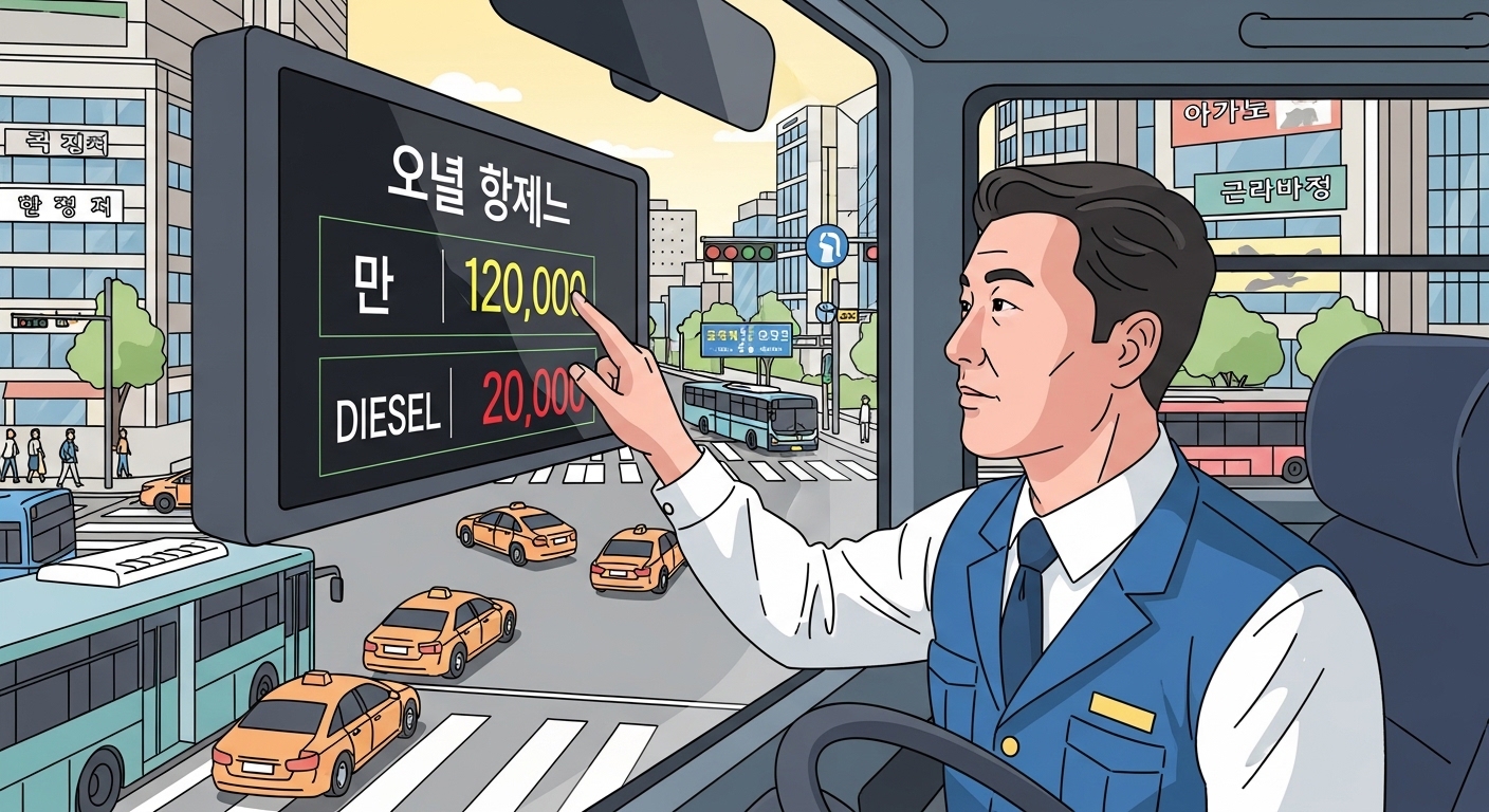 시내 교차로에서 디지털 화면으로 기름값을 확인하는 버스 운전사