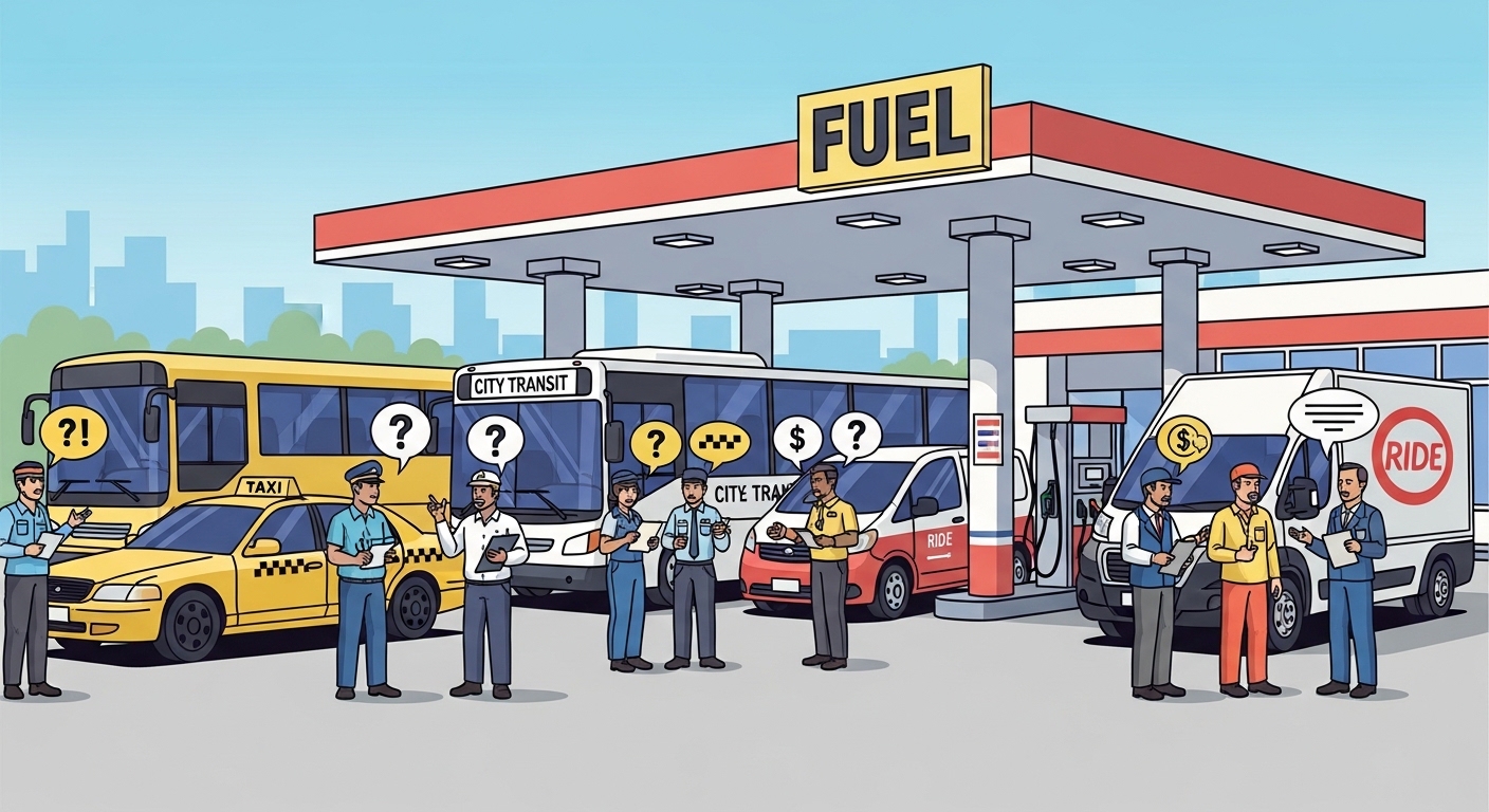 주유소에서 보조금 자격 요건에 대해 논의하는 택시 및 버스 운전자들