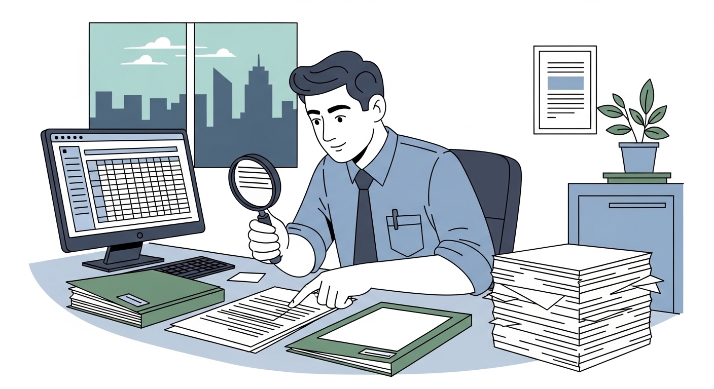 사무실에서 서류를 검토하여 보조금 부정수급을 예방하는 공무원