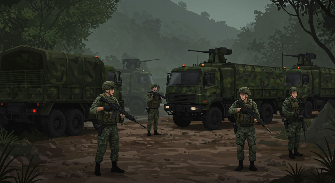 태국 국경 지역에서 긴급 상황으로 긴장감 넘치는 군인과 군용 트럭