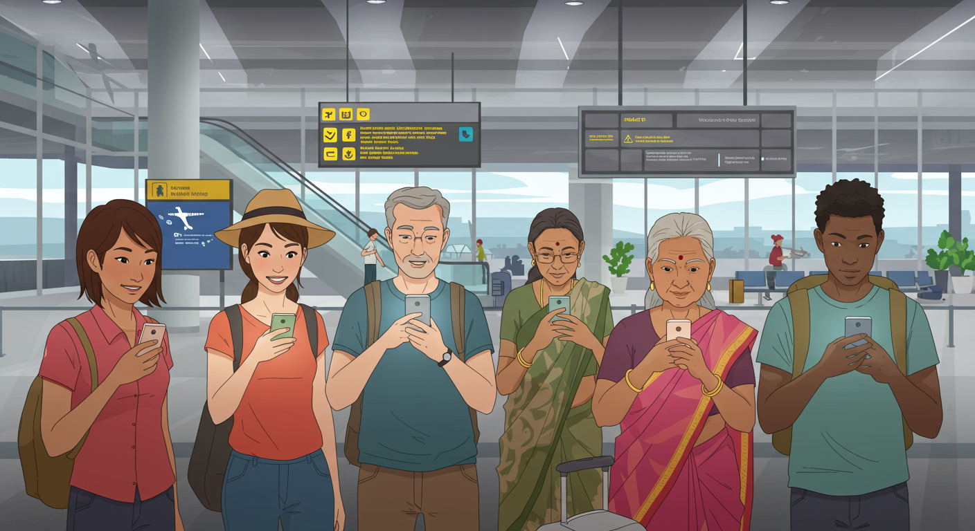 스마트폰으로 여행 경로를 확인하는 다양한 사람들이 공항에 모여 있는 장면