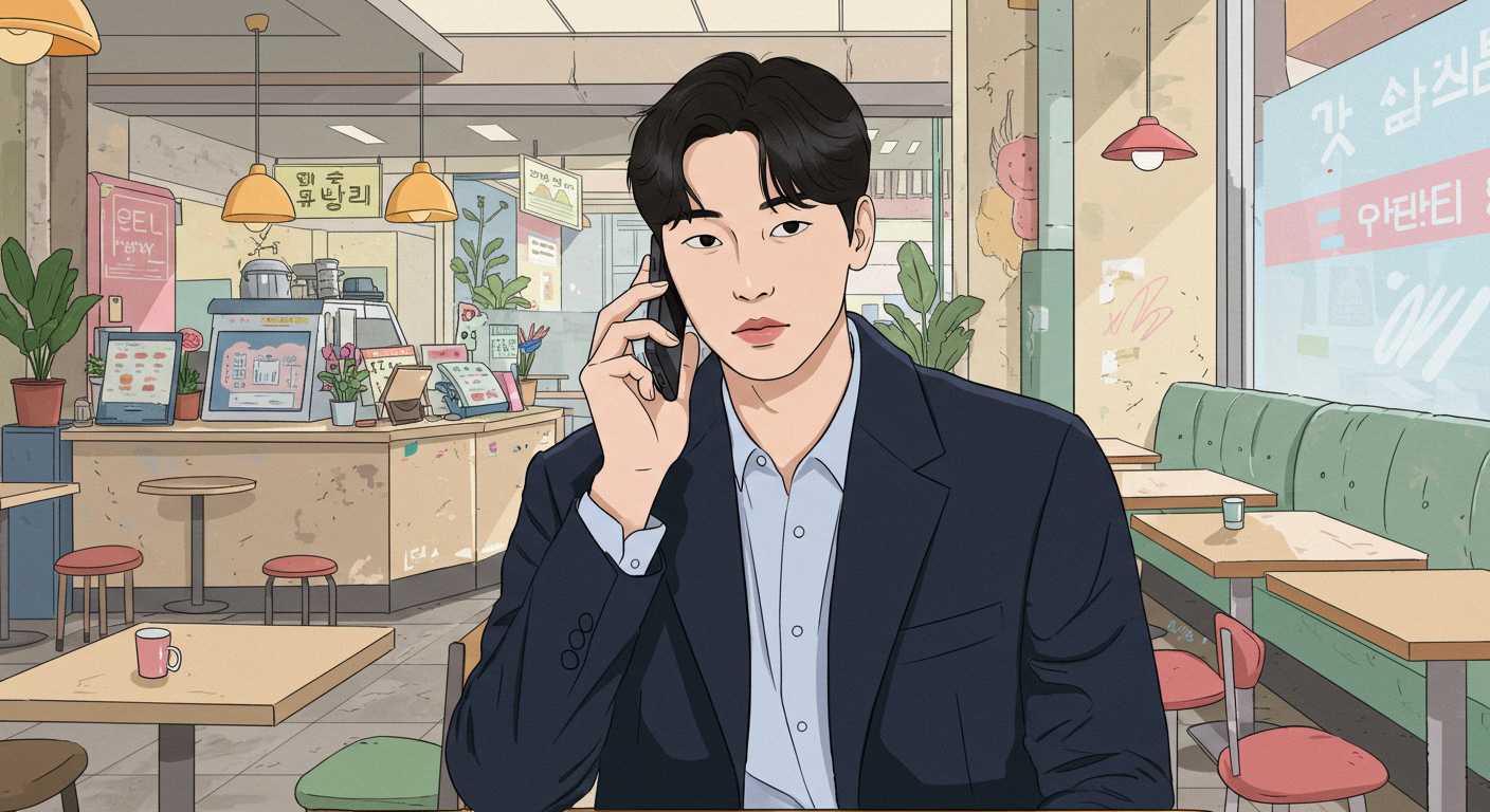 도심 카페에서 스마트폰을 이용해 대화를 녹음 중인 직장인의 모습
