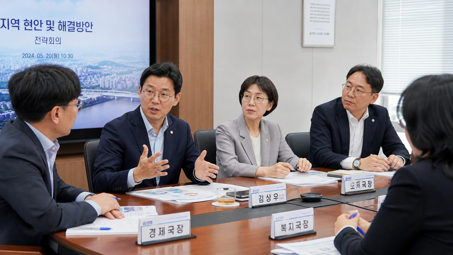 사무실 환경에서 기관 지도자들과 협력하여 지역 문제를 논의하는 한국 전문가들의 전략적 회의