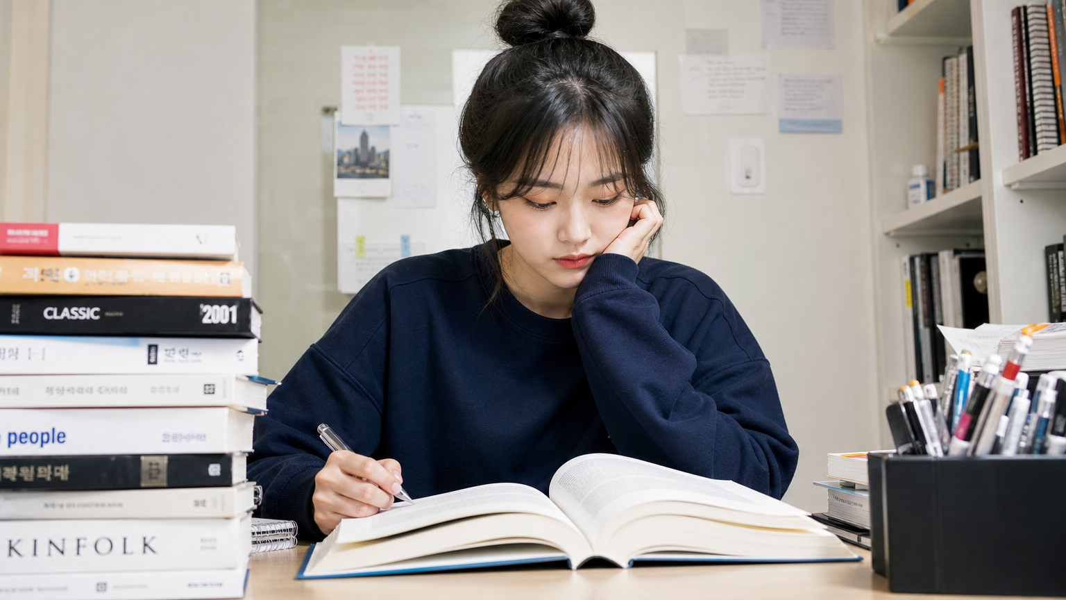 책상에 앉아 한자 자격증 공부를 시작하는 현대적 학생의 모습