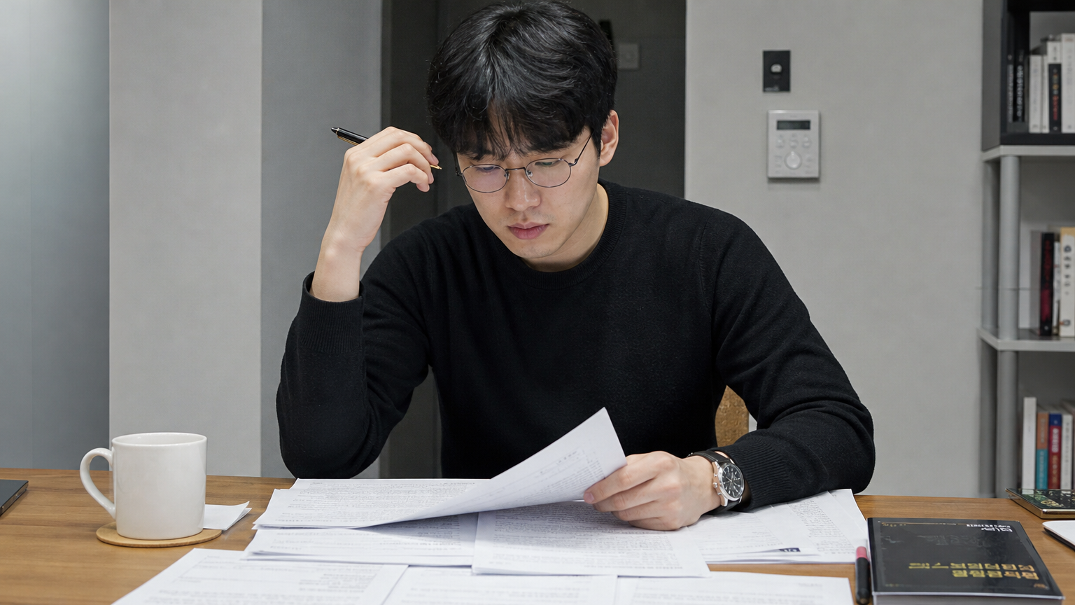 책상 위에 펼쳐진 시험지를 분석하는 현대인의 집중된 모습