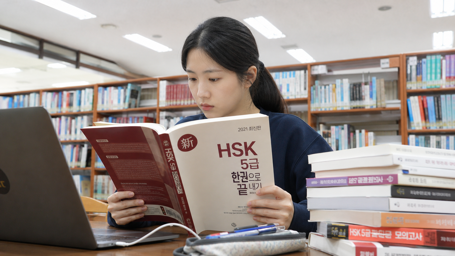도서관에서 중국어 문자 인증 시험 공식 가이드북을 읽는 열심히 공부하는 대학생의 모습